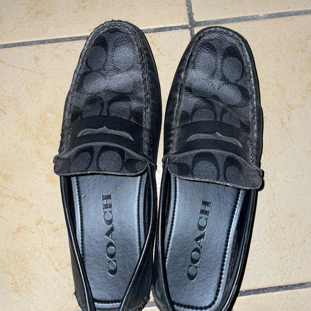 Coach Mott Driver Black Monogram Leather Penny Loafers Shoes Size 9